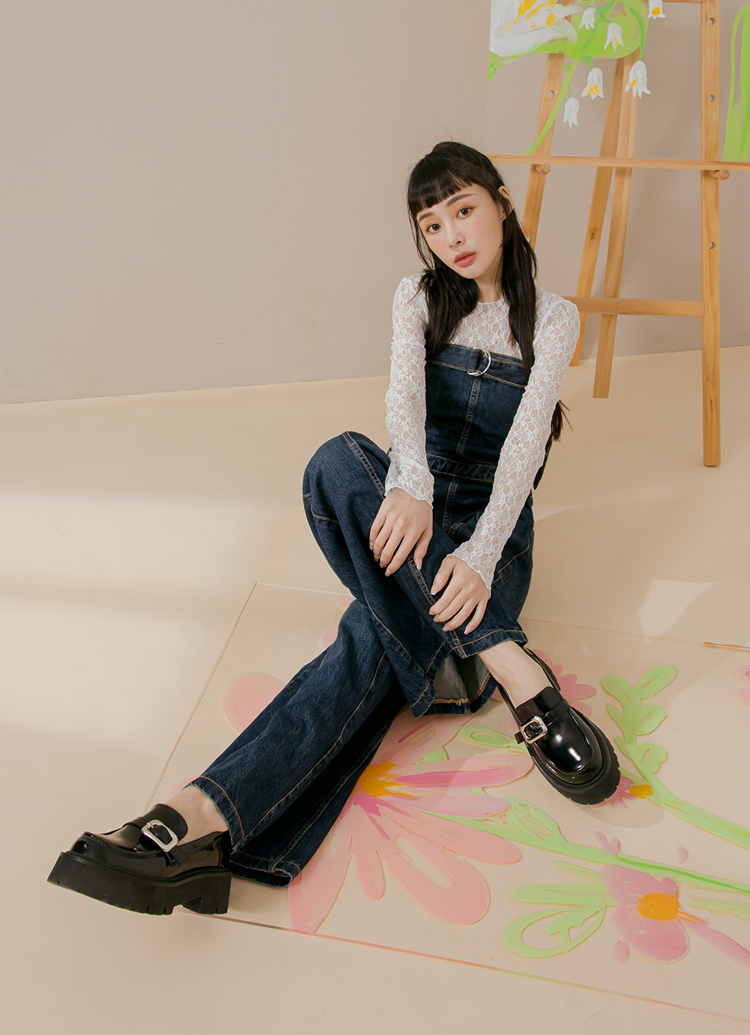 GraceGift平價女鞋 時髦方扣 厚底中跟 樂福鞋 黑