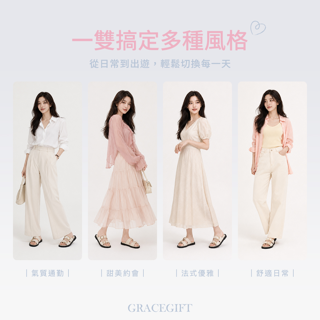GraceGift平價女鞋 時尚秀場 日光奶茶復古金屬扣雙帶拖鞋 米白色