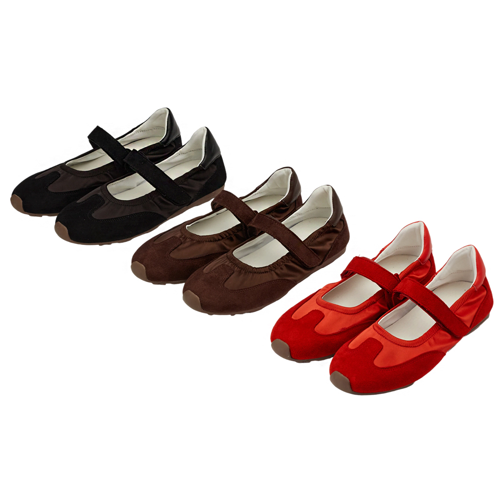 GraceGift平價女鞋 輕盈芭蕾 緞面拚接 芭蕾舞運動鞋 咖啡色