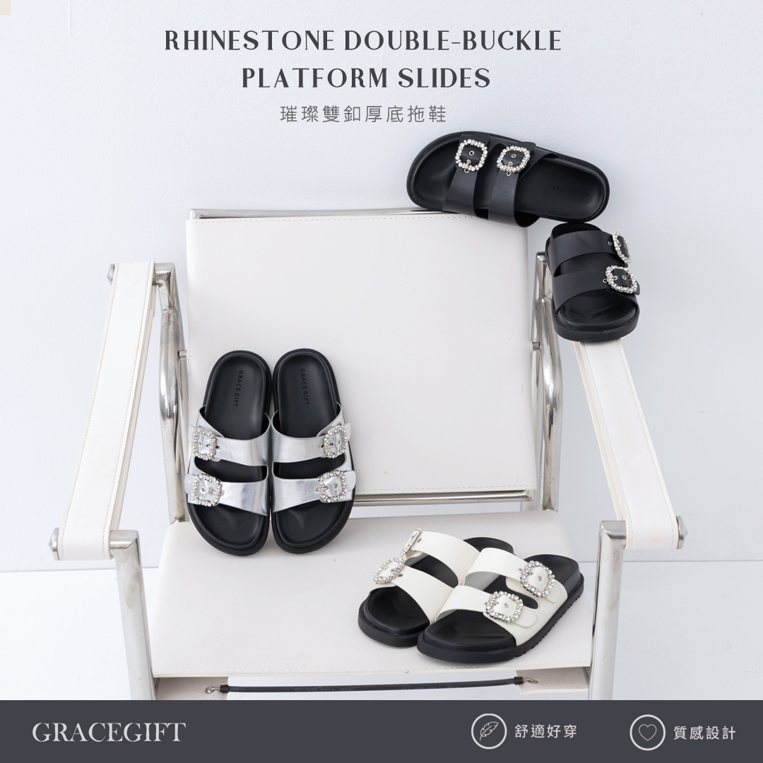 GraceGift平價女鞋 晶鑽方釦質感合成皮革雙帶厚底涼鞋 黑