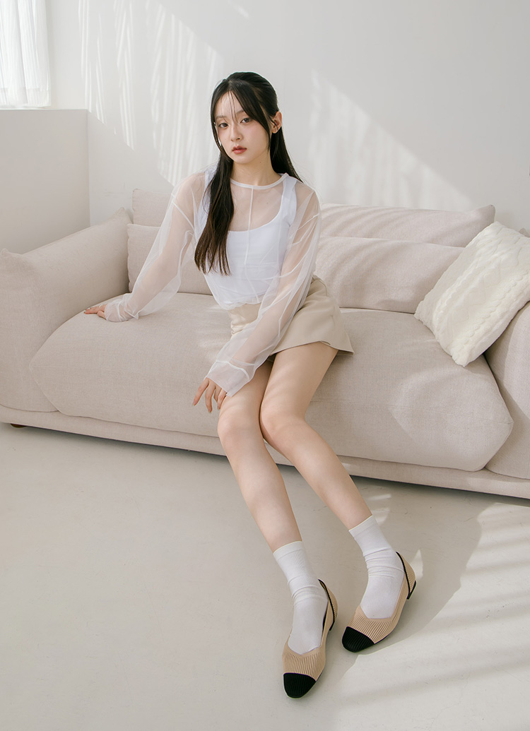 GraceGift 平價女鞋 零著感 方頭柔織軟墊娃娃鞋 黑X杏色 平底娃娃鞋 實拍圖