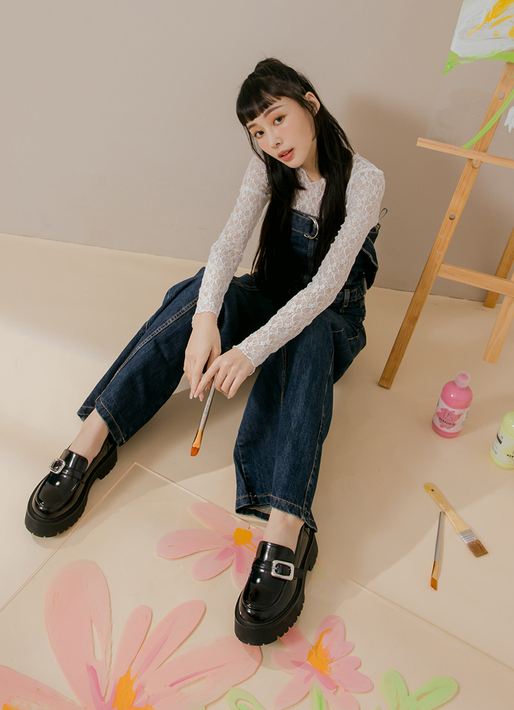 GraceGift平價女鞋 時髦方扣 厚底中跟 樂福鞋 黑