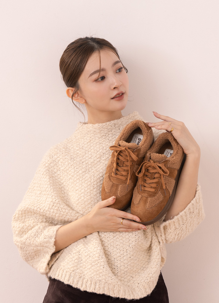 GraceGift 平價女鞋 泰迪冬絨毛毛厚底德訓鞋 棕色 實拍圖