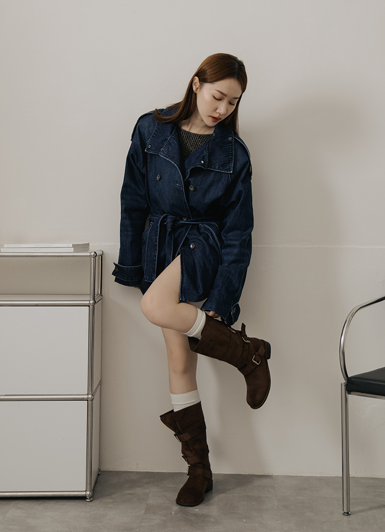 Grace Gift 平價女鞋 韓系街拍 絨布2WAY皮帶釦騎士靴 咖色 實拍圖