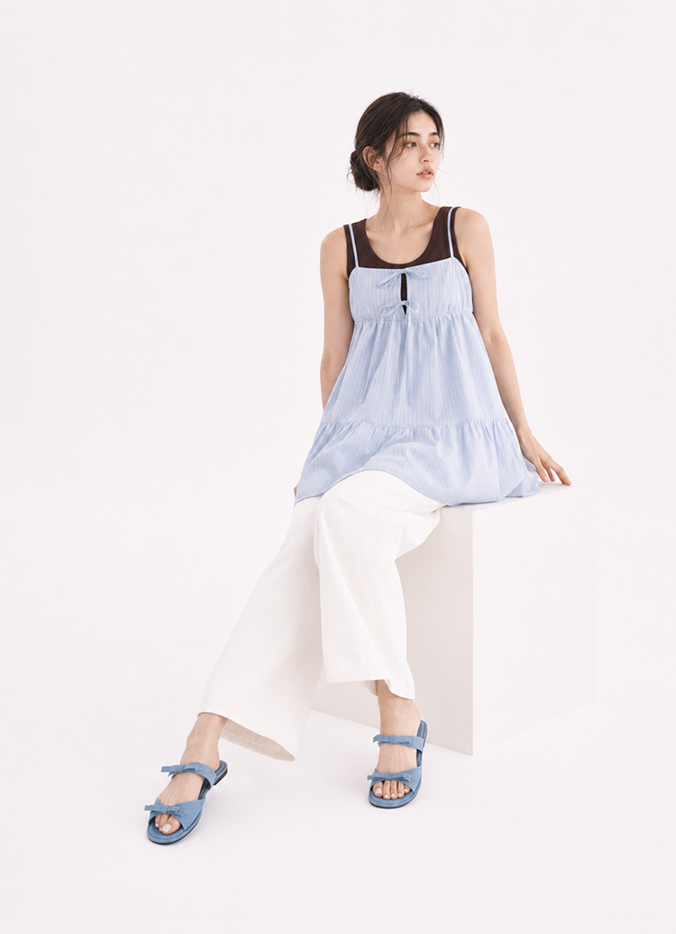 GraceGift平價女鞋 時尚秀場 圓頭 韓系夏日蝴蝶結雲感平底拖鞋 牛仔色