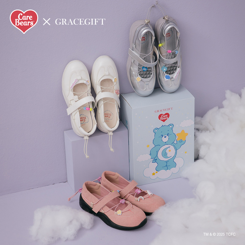 GraceGift CareBears授權 牢騷小熊 機能繫繩芭蕾舞運動鞋 粉色 實品圖