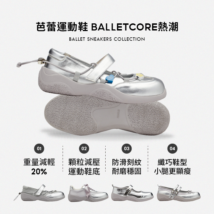 GraceGift CareBears授權 牢騷小熊 機能繫繩芭蕾舞運動鞋 銀色 實品圖