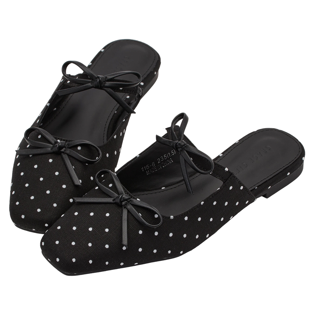 GraceGift平價女鞋 日雜穿搭蝴蝶結微方頭平底穆勒鞋 黑圓點