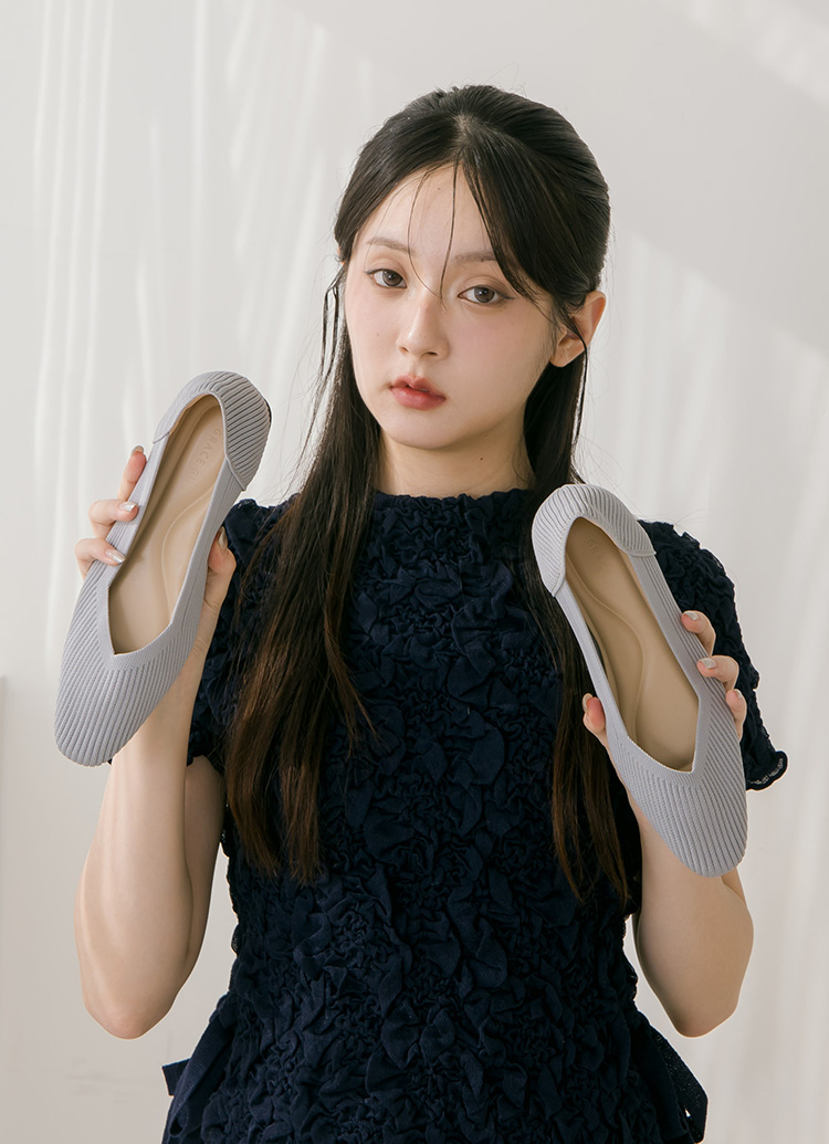 GraceGift 平價女鞋 零著感 方頭柔織軟墊娃娃鞋 灰色 平底娃娃鞋 實拍圖