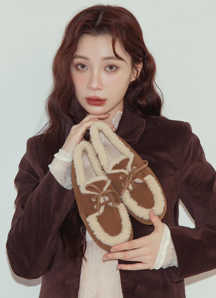 GraceGift平價女鞋 復古暖意 真皮 羊羔毛莫卡辛鞋 駝