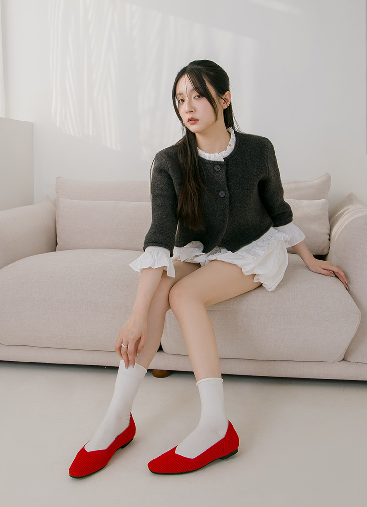 GraceGift 平價女鞋 零著感 方頭柔織軟墊娃娃鞋 正紅色 平底娃娃鞋 實拍圖