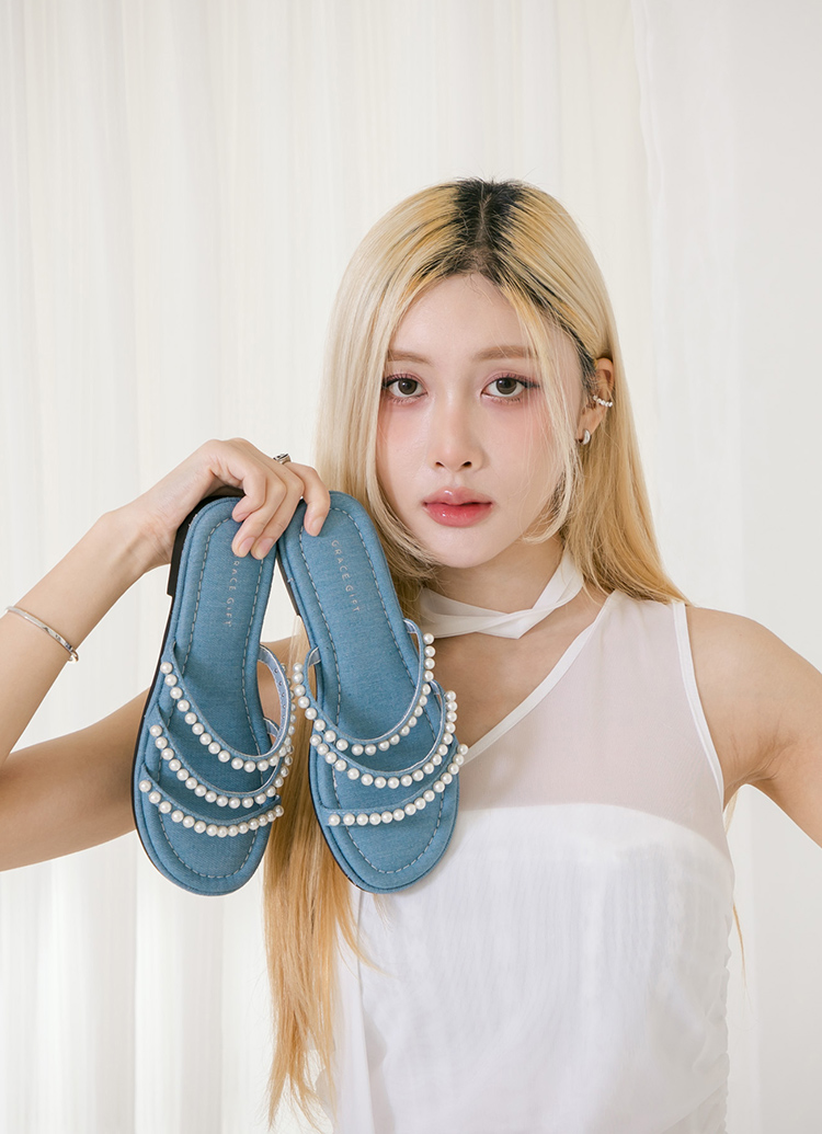 GraceGift平價女鞋 法式甜感 珍珠多帶 澎澎鞋墊拖鞋 牛仔