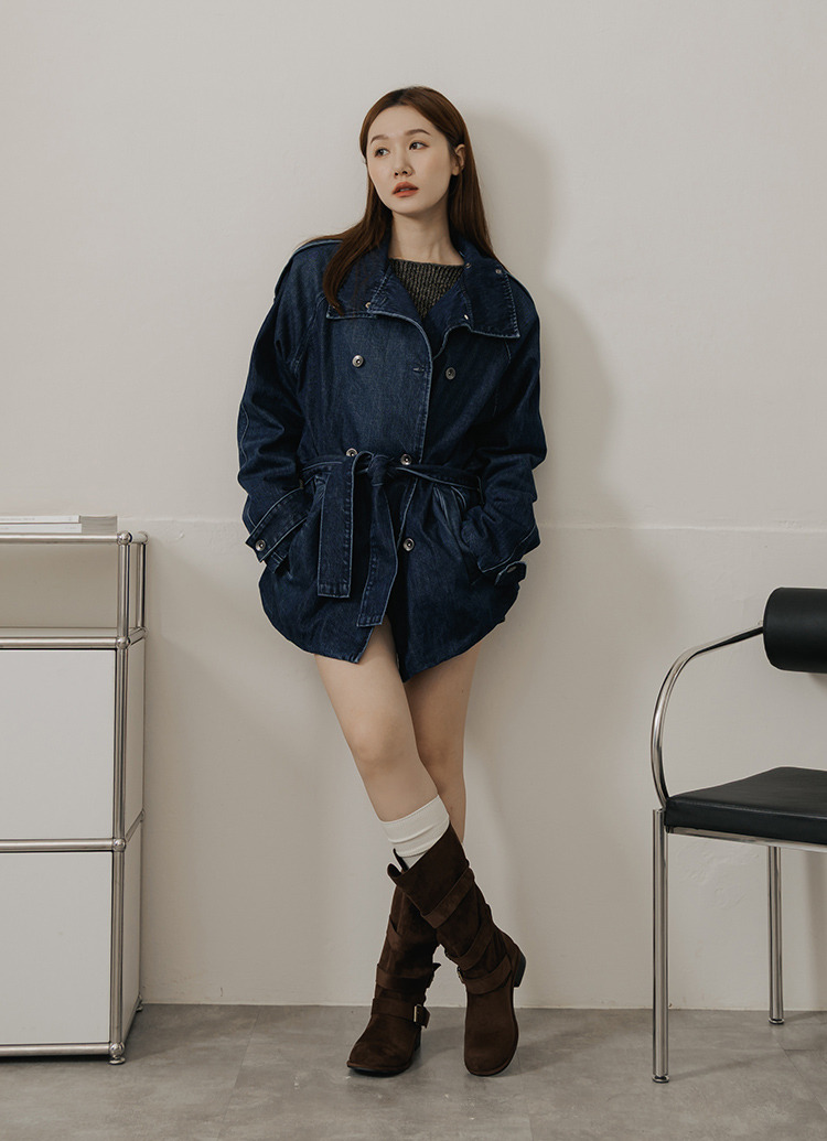 Grace Gift 平價女鞋 韓系街拍 絨布2WAY皮帶釦騎士靴 咖色 實拍圖