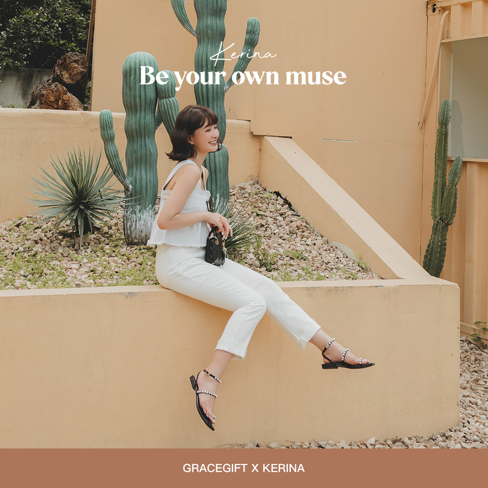 GraceGift 薛妞妞聯名 珍珠細帶 平底涼鞋 黑