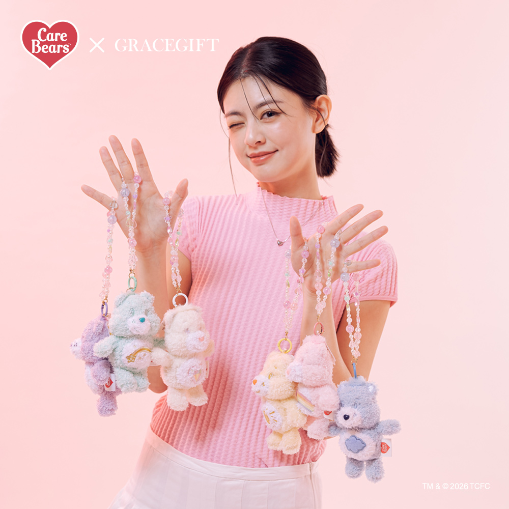 GraceGift CareBears聯名 Care Bears彩虹熊 棉花糖系列毛絨玩偶手機串珠吊飾一中盒