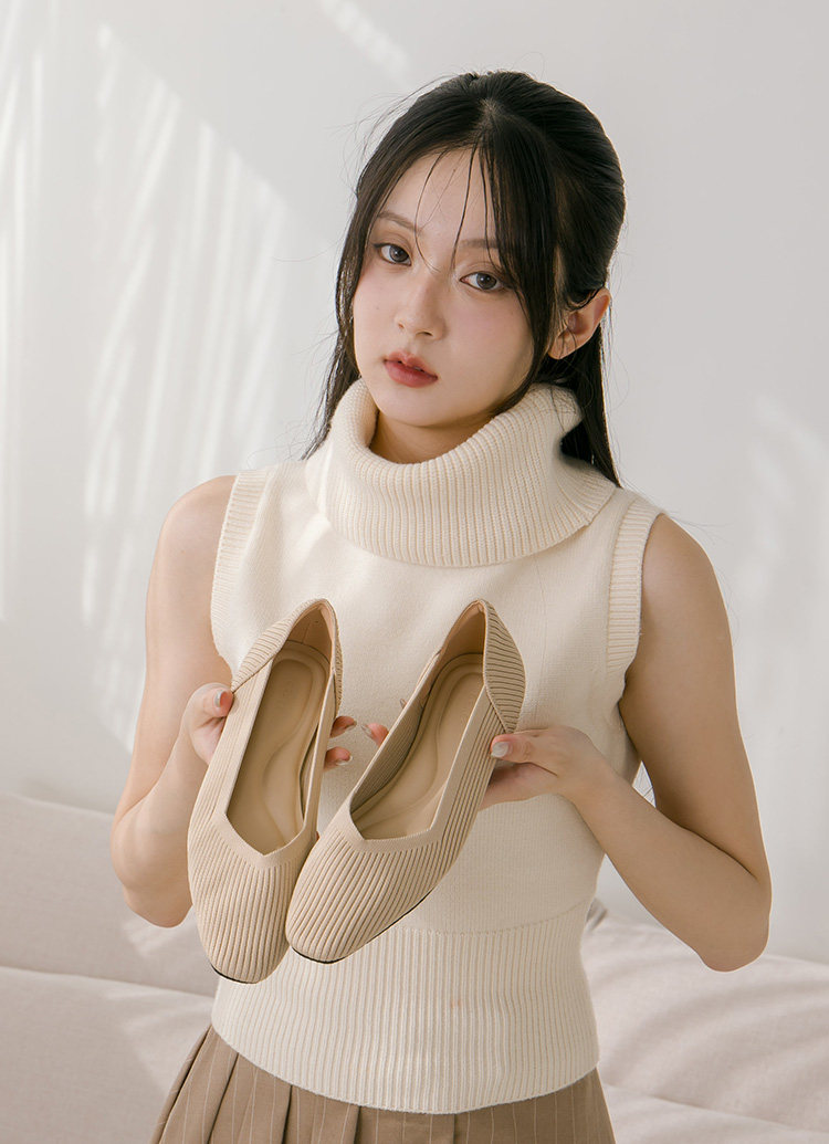 GraceGift 平價女鞋 零著感 方頭柔織軟墊娃娃鞋 杏色 平底娃娃鞋 實拍圖