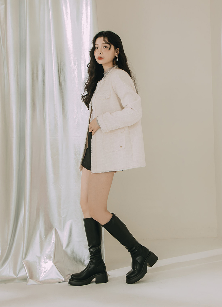 Grace Gift 平價女鞋 長腿歐膩 拼接彈力輕量顯瘦靴 黑色 厚底長靴 實拍圖