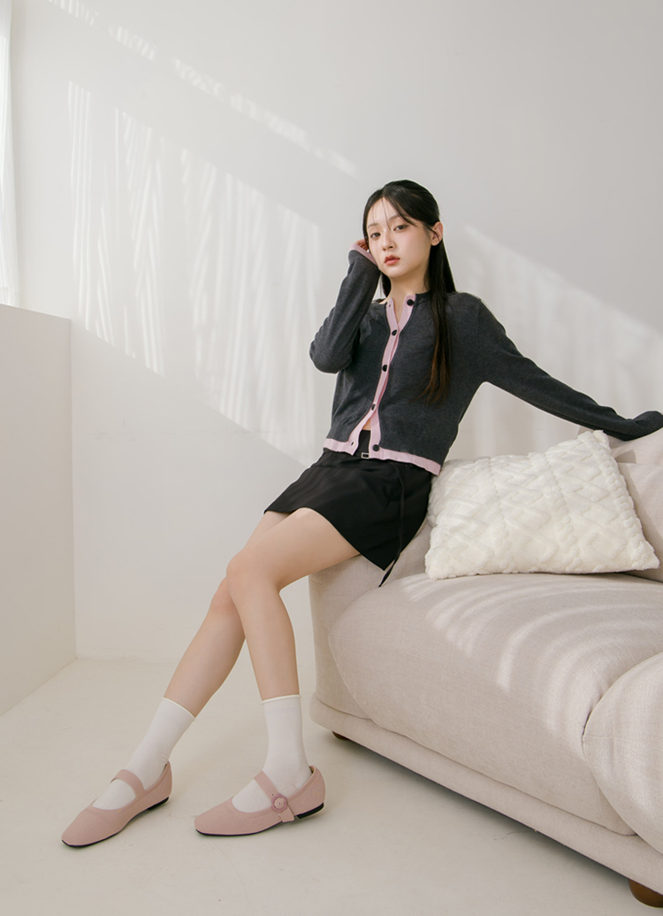 Grace Gift 平價女鞋 零著感方頭 花釦柔織軟墊瑪莉珍鞋 粉紅色 平底瑪莉珍鞋 實拍圖