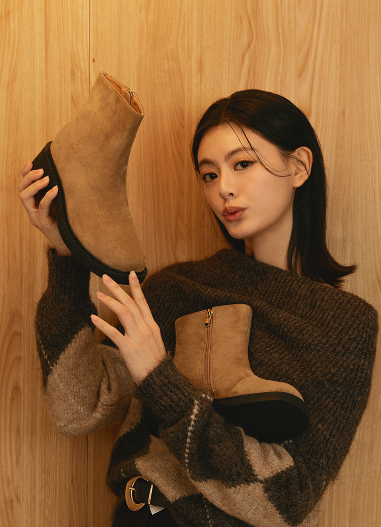 Grace Gift 平價女鞋 穿搭利器 2way可拆式褲管堆堆長靴 卡其色 中跟長靴 實拍圖