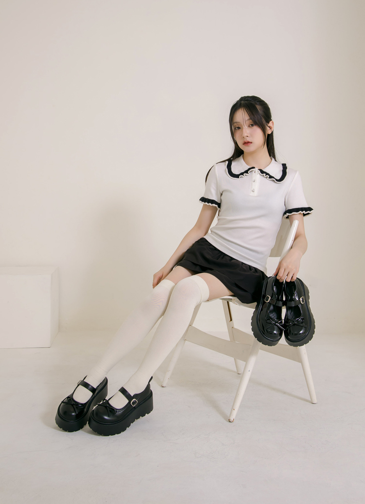 Grace Gift 平價女鞋 高挑甜心 蝴蝶結輕量瑪莉珍鞋 黑漆色 厚底瑪莉珍鞋 實拍圖