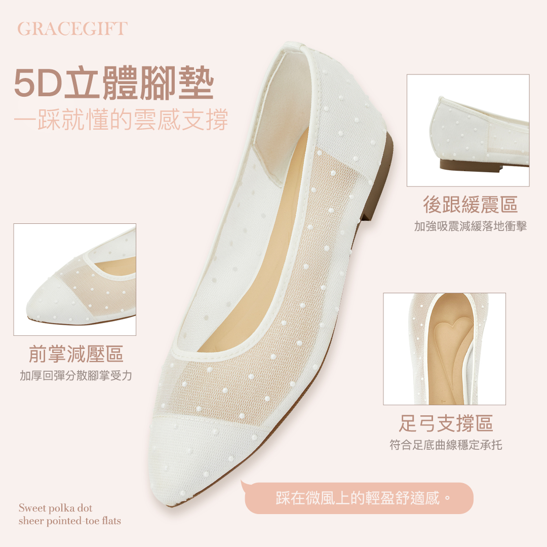 GraceGift平價女鞋 時尚秀場 尖頭 巴黎珠點網紗平底娃娃鞋 深杏色