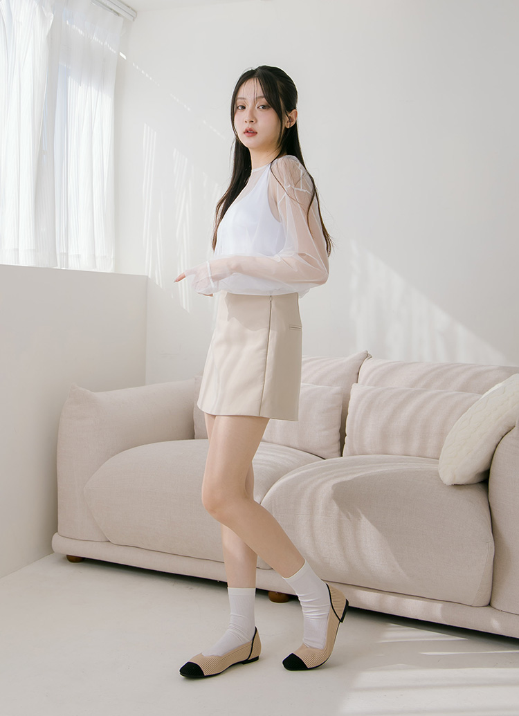 GraceGift 平價女鞋 零著感 方頭柔織軟墊娃娃鞋 黑X杏色 平底娃娃鞋 實拍圖