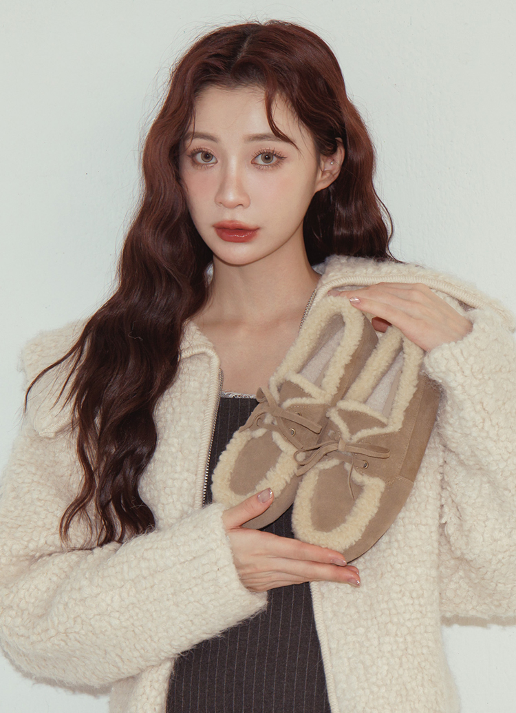 GraceGift平價女鞋 復古暖意 真皮 羊羔毛莫卡辛鞋 駝