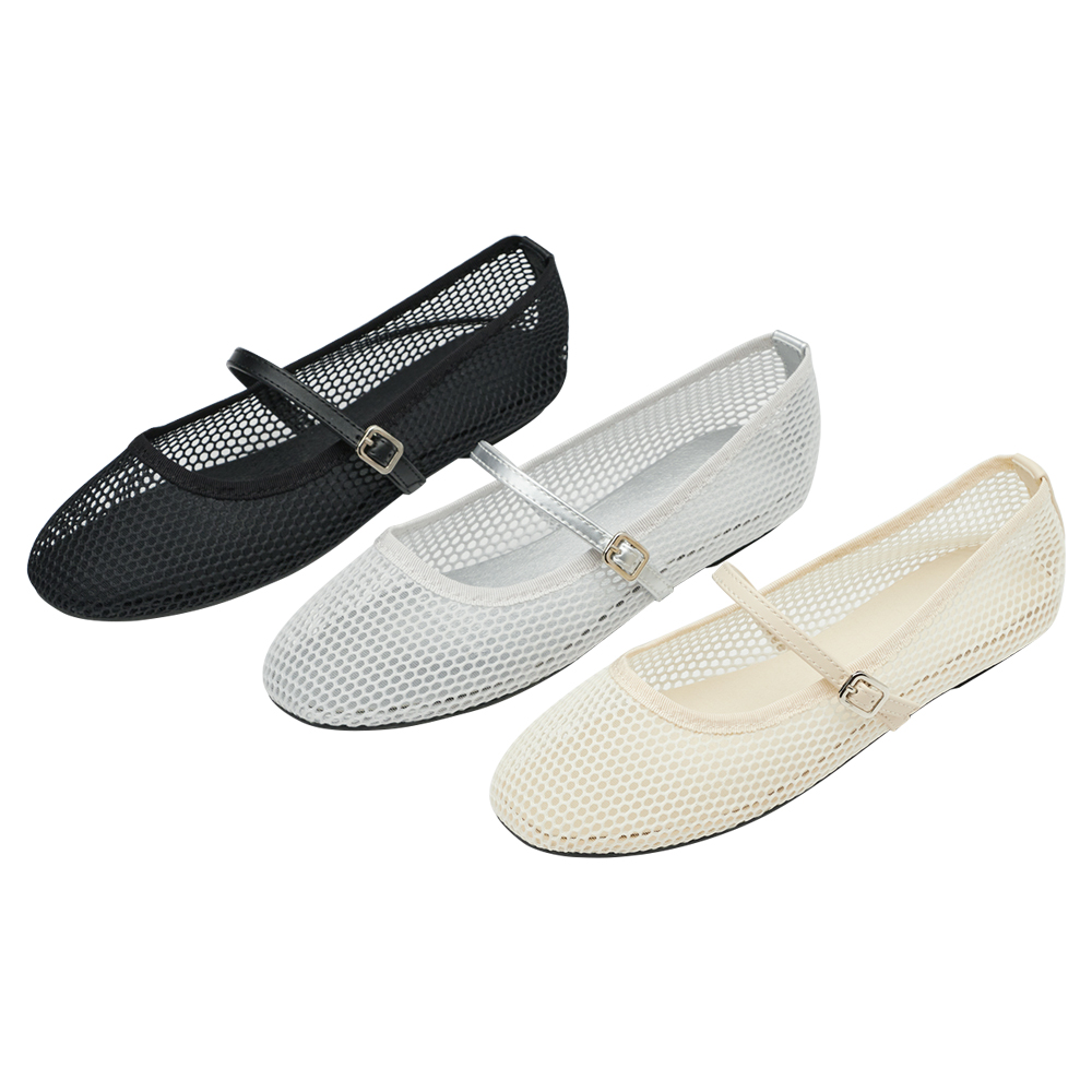 GraceGift 平價女鞋 極簡休閒感 透膚網面平底瑪莉珍 銀色 實品圖