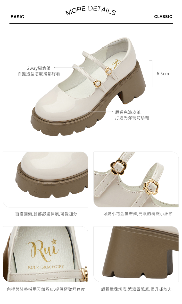 GraceGift 小貓聯名 英式學院風 2WAY輕量瑪莉珍鞋 米白色 厚底瑪莉珍鞋 實拍圖