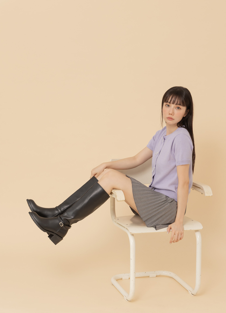 Grace Gift 平價女鞋 經典剪裁 2WAY皮帶釦長靴 黑色 中跟長靴 實拍圖
