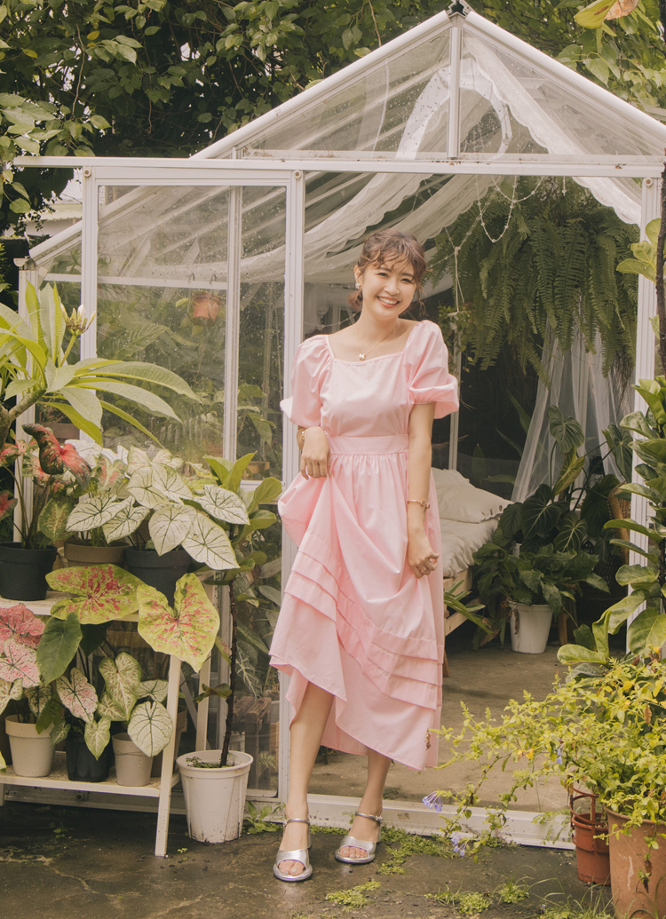 GraceGift 小貓聯名 甜心少女 小花 真皮繫踝中跟涼鞋 銀
