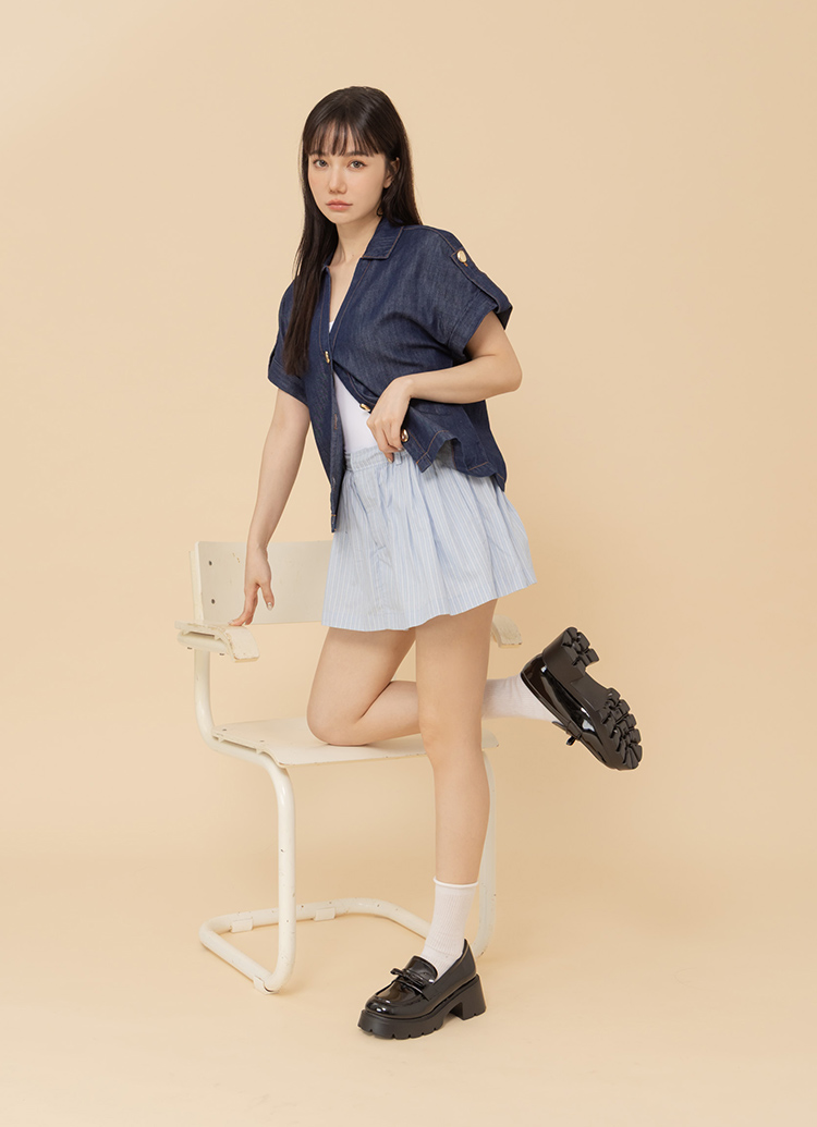 GraceGift平價女鞋 清甜學院風 蝴蝶結 輕量厚底樂福鞋 黑漆