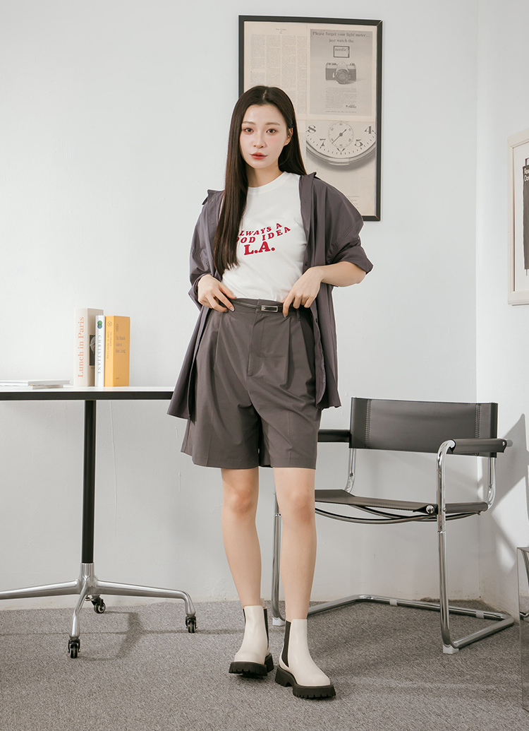 Grace Gift 平價女鞋 經典人氣 圓頭切爾西短靴 米白色 厚底短靴 實拍圖