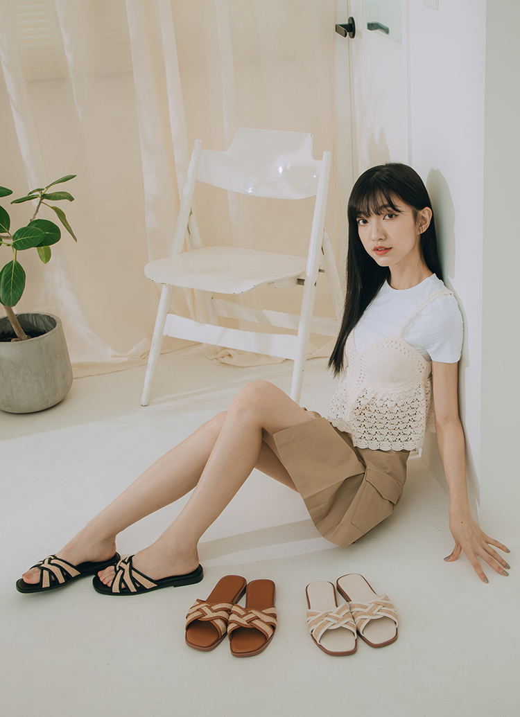 GraceGift平價女鞋 波西米亞風 方頭編織 平底拖鞋 黑