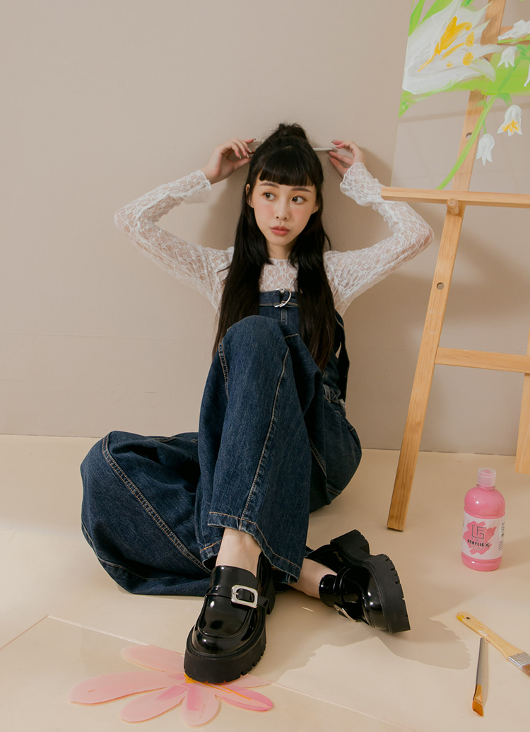 GraceGift平價女鞋 時髦方扣 厚底中跟 樂福鞋 黑
