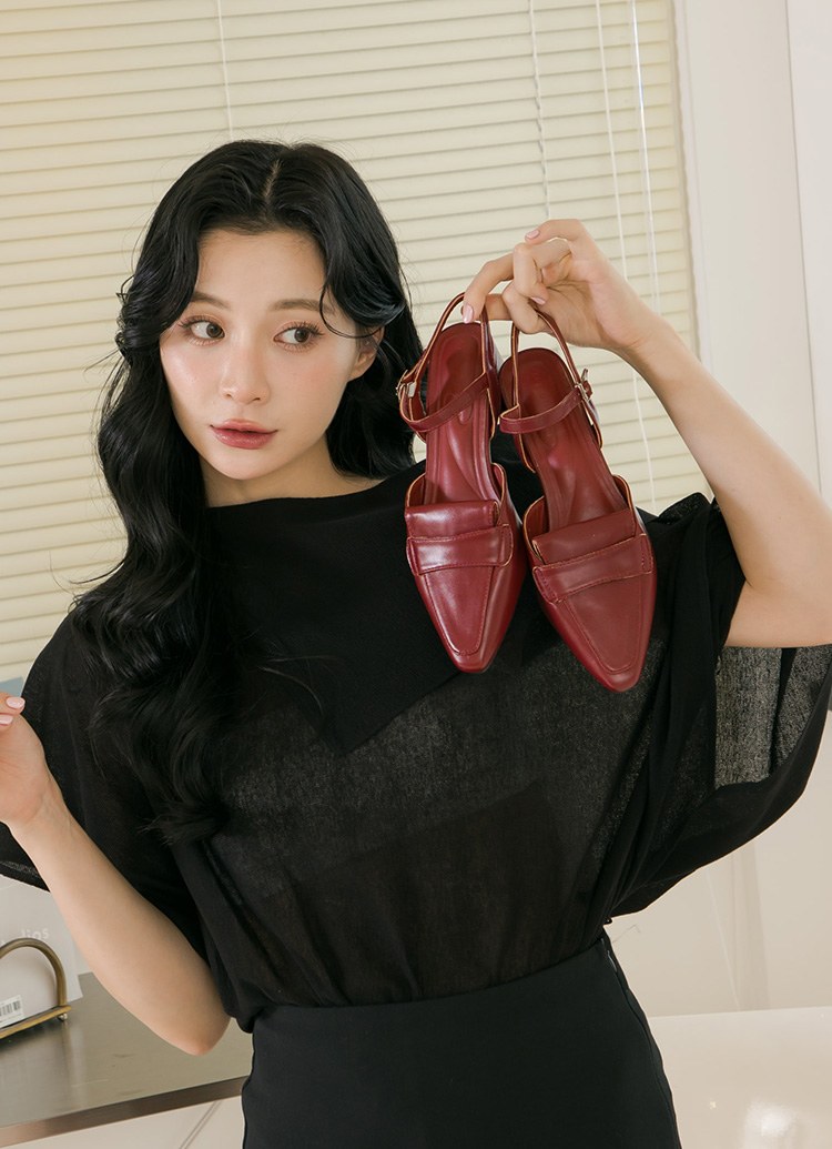 GraceGift平價女鞋 日系百搭 尖頭 便仕後空跟鞋 深紅