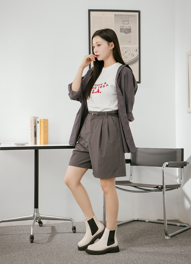 Grace Gift 平價女鞋 經典人氣 圓頭切爾西短靴 米白色 厚底短靴 實拍圖