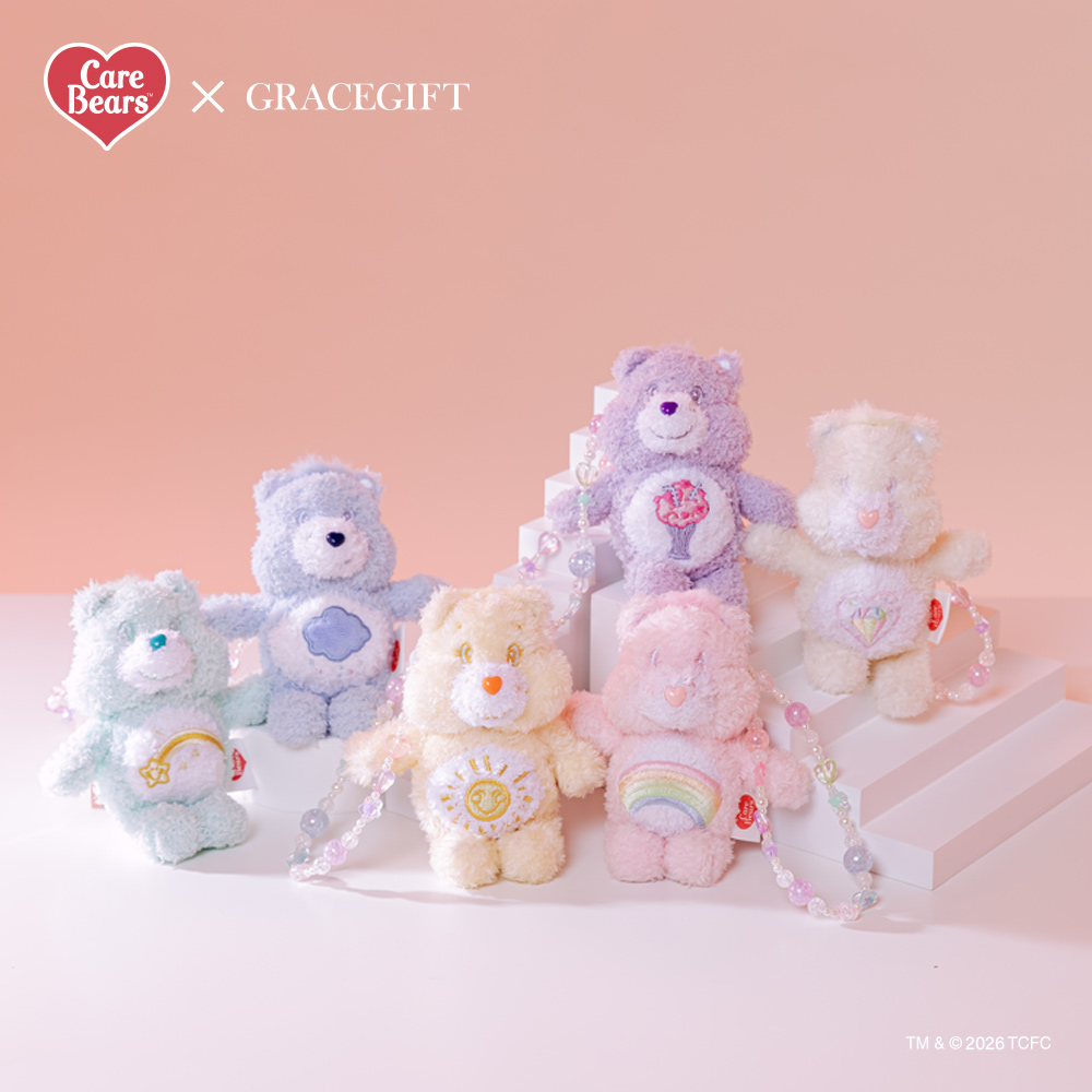 GraceGift CareBears聯名 Care Bears彩虹熊 棉花糖系列毛絨玩偶手機串珠吊飾一中盒