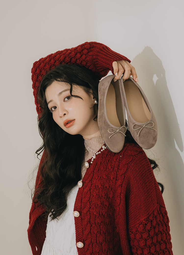GraceGift 平價女鞋 優雅簡約 蝴蝶結絨面芭蕾舞娃娃鞋 灰色 平底娃娃鞋 實拍圖