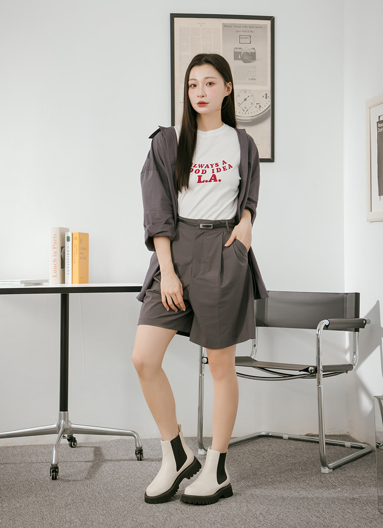 Grace Gift 平價女鞋 經典人氣 圓頭切爾西短靴 米白色 厚底短靴 實拍圖