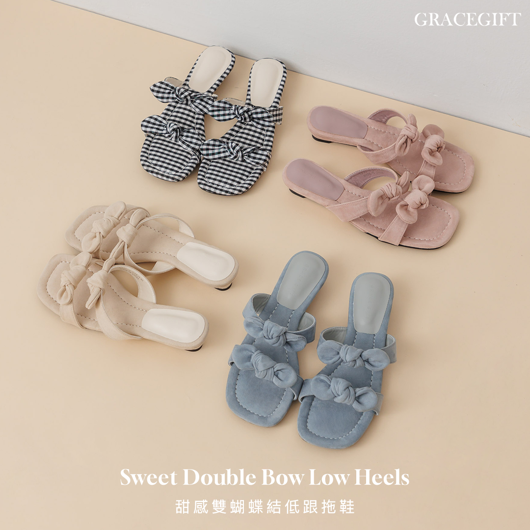 GraceGift平價女鞋 時尚秀場 方頭 日系漫步雙蝴蝶結楔型低跟拖鞋 粉色