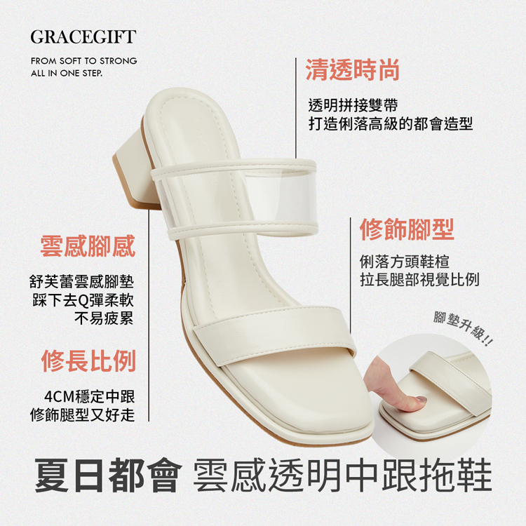 GraceGift平價女鞋 都會時髦 透明拼接雙帶 雲感中跟拖鞋 正紅