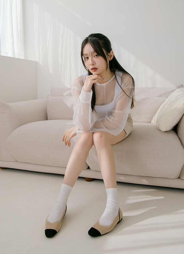 GraceGift 平價女鞋 零著感 方頭柔織軟墊娃娃鞋 黑X杏色 平底娃娃鞋 實拍圖