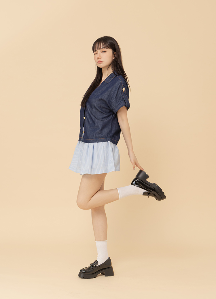 GraceGift平價女鞋 清甜學院風 蝴蝶結 輕量厚底樂福鞋 黑漆