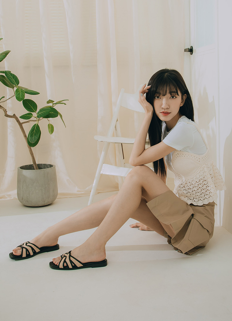 GraceGift平價女鞋 波西米亞風 方頭編織 平底拖鞋 黑