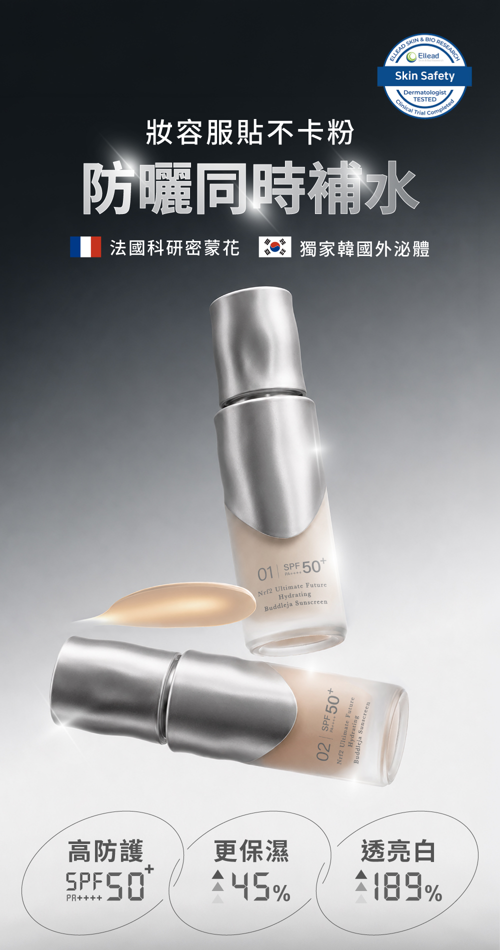 SPF50+高防護保濕防曬乳，防曬同時補水，提升肌膚保濕與透亮度，妝前防曬產品展示